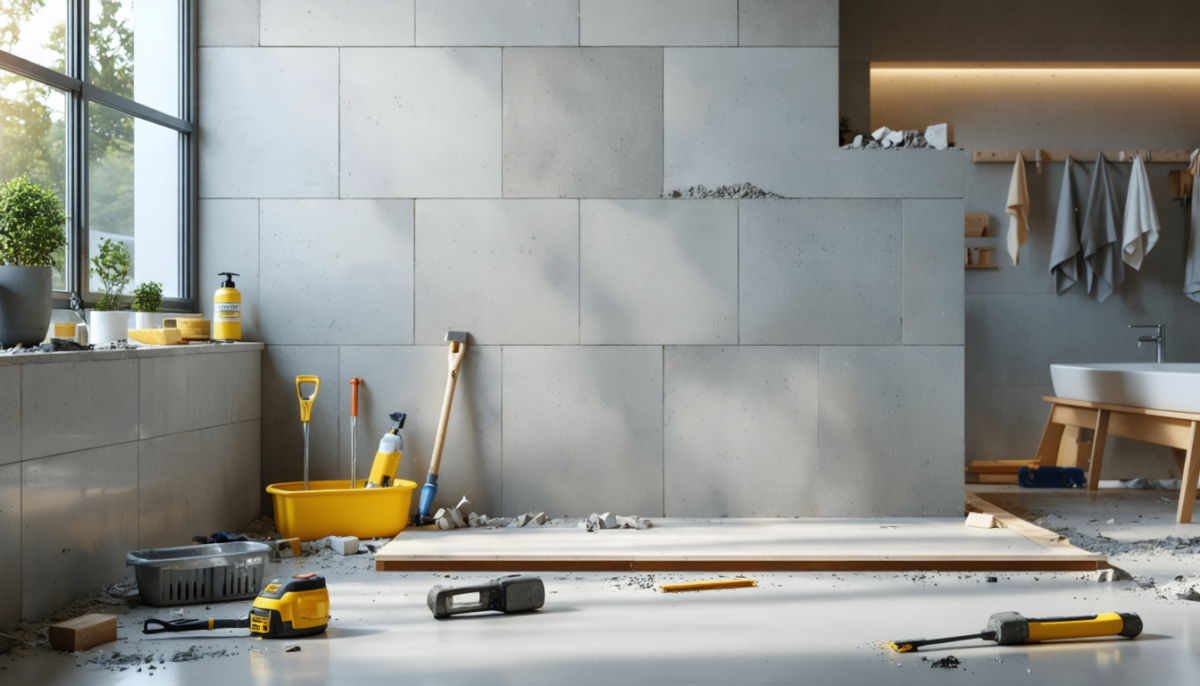 transformez votre salle de bain avec la pose de béton cellulaire, offrant un support solide et élégant pour un carrelage durable et esthétique.